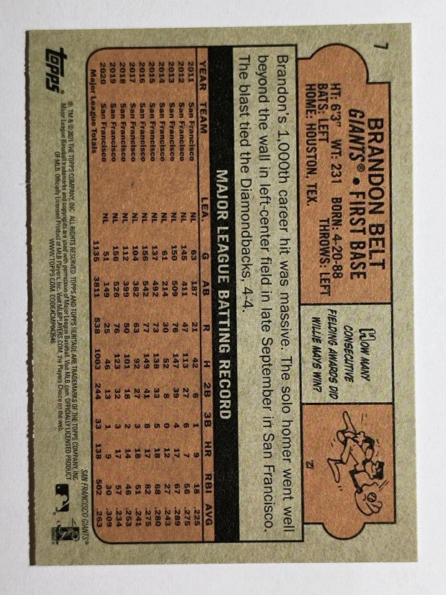 2021 Topps Heritage #7 Brandon Belt