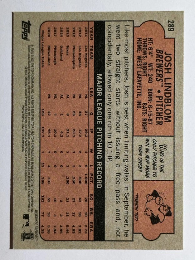 2021 Topps Heritage #289 Josh Lindblom