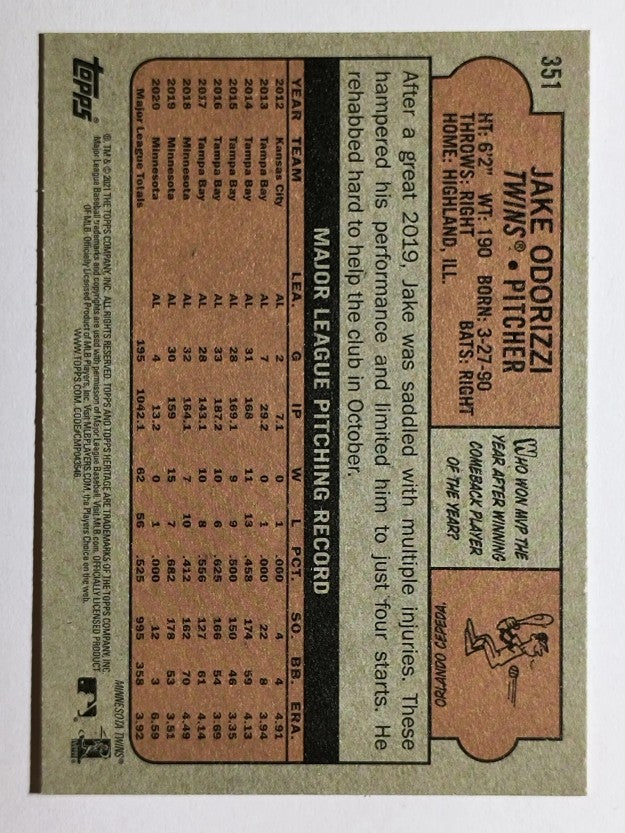 2021 Topps Heritage #351 Jake Odorizzi