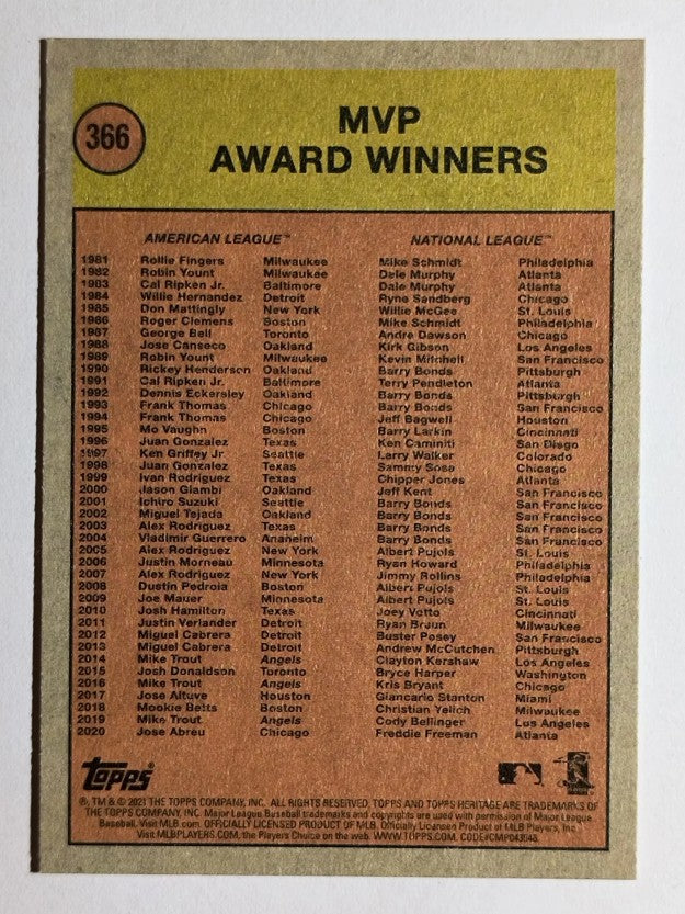 2021 Topps Heritage #366 MVP Award