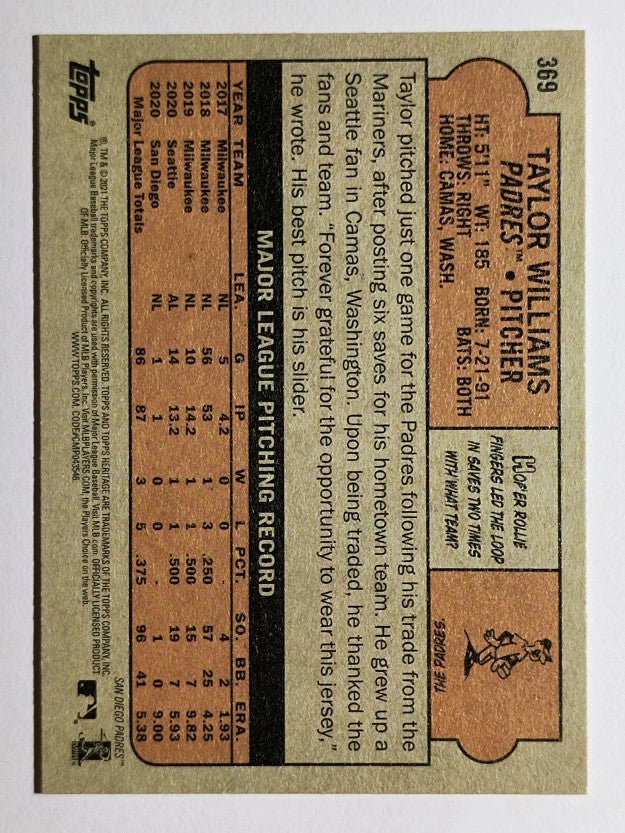 2021 Topps Heritage #369 Taylor Williams