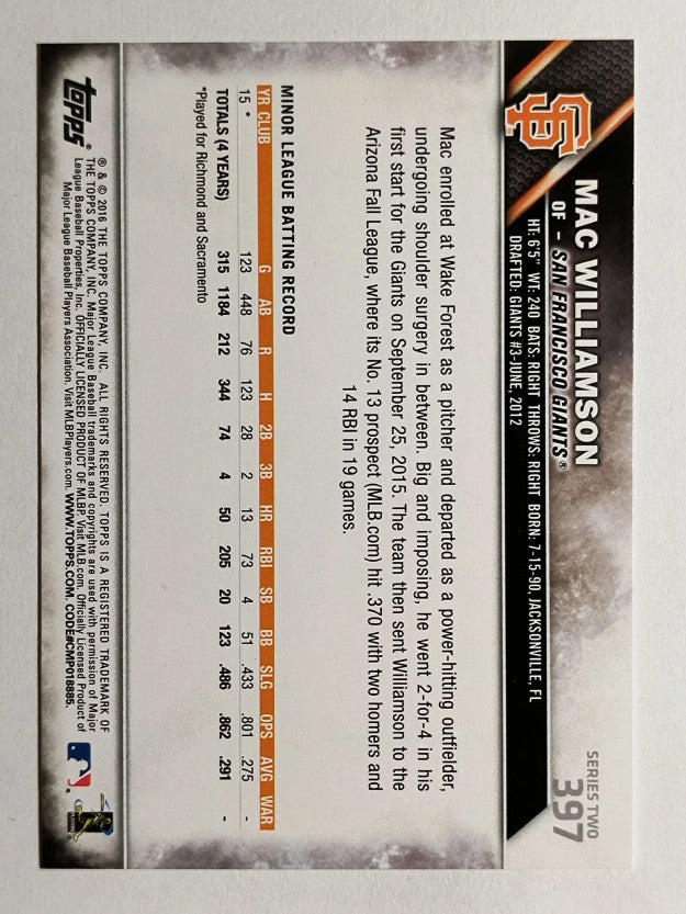 2016 Topps #397 Mac Williamson RC