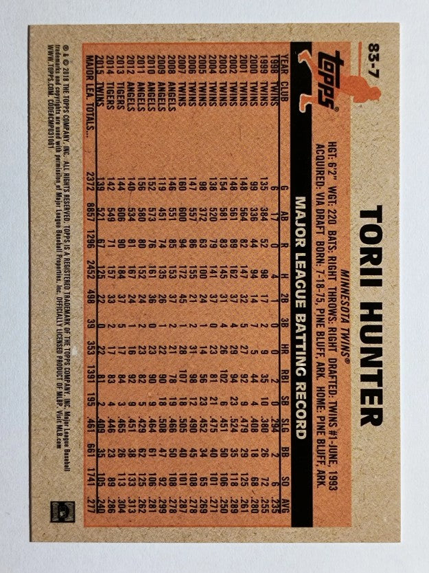 2018 Topps Update '83 Topps #837 Torii Hunter