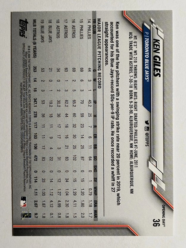 2020 Topps Opening Day #36 Ken Giles