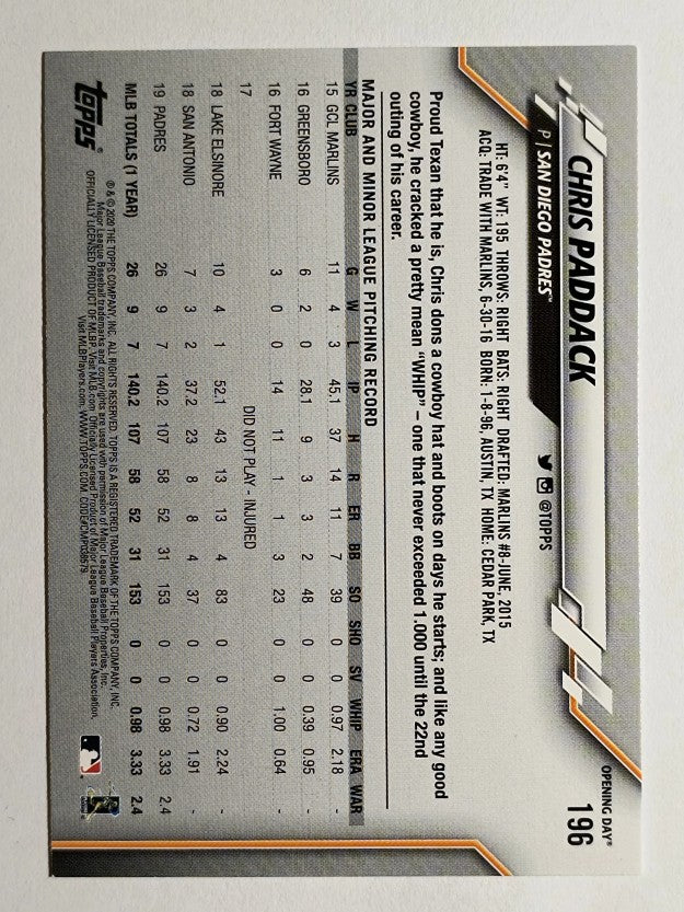 2020 Topps Opening Day #196 Chris Paddack
