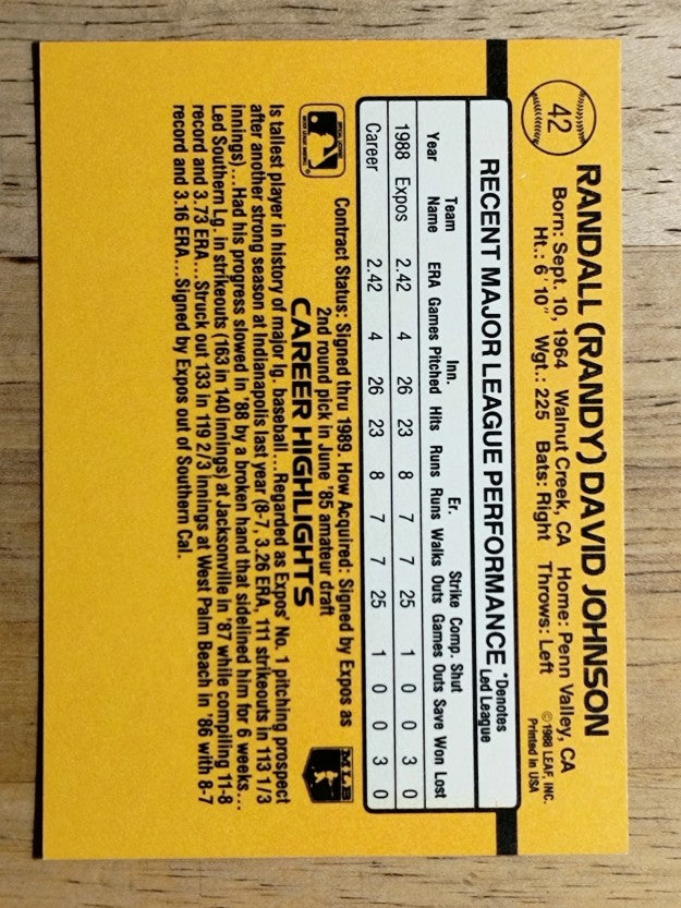 1989 Donruss #42 Randy Johnson RC RR