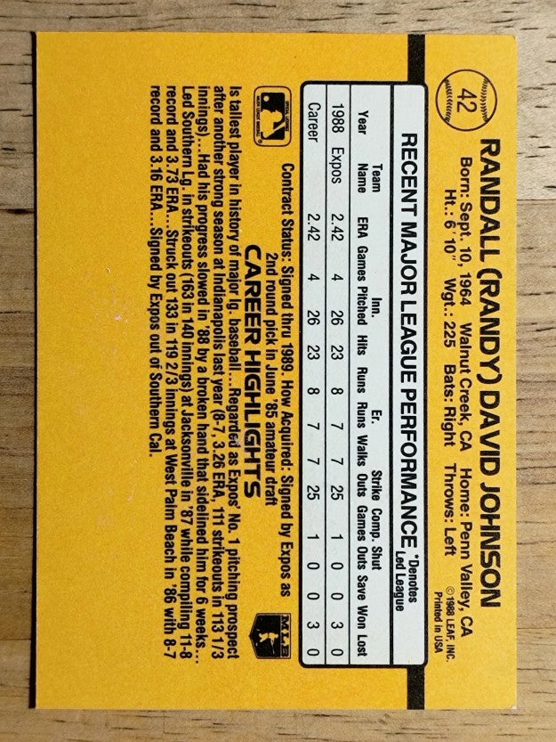 1989 Donruss #42 Randy Johnson RC RR