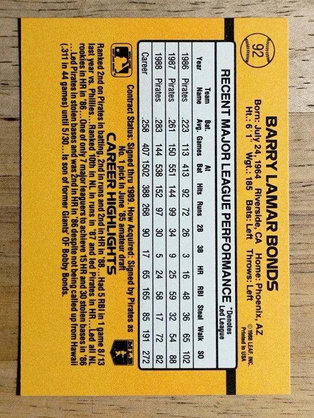 1989 Donruss #92 Barry Bonds