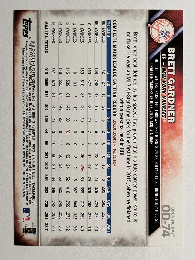 2016 Topps Opening Day #OD74 Brett Gardner