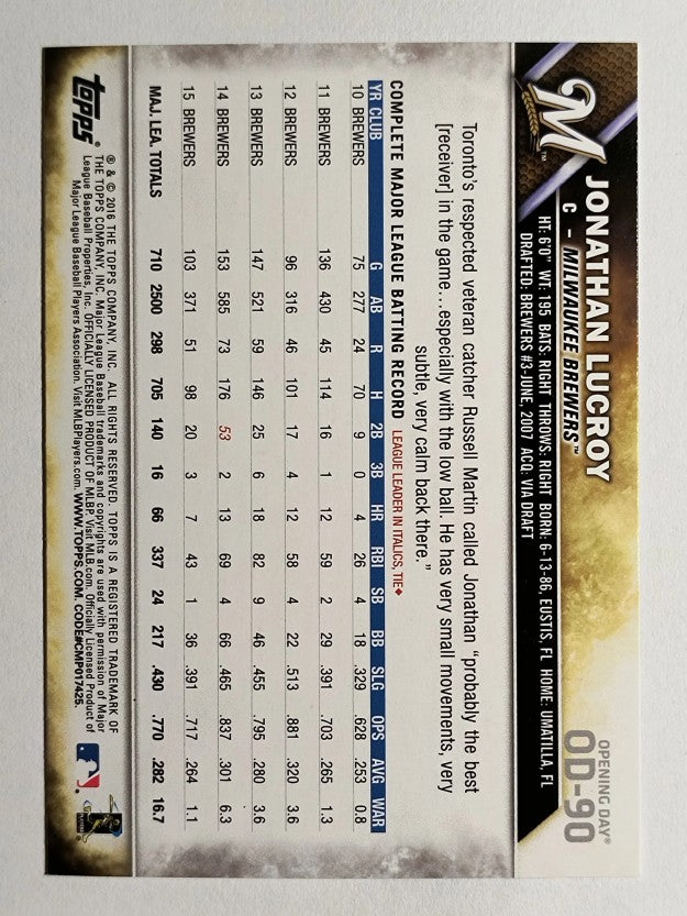 2016 Topps Opening Day #OD90 Jonathan Lucroy