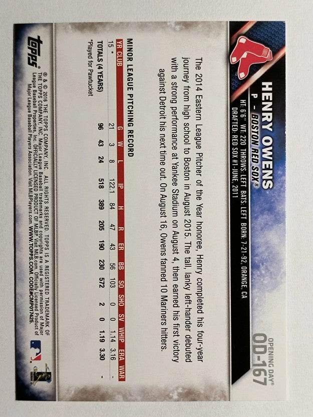 2016 Topps Opening Day #OD167 Henry Owens RC