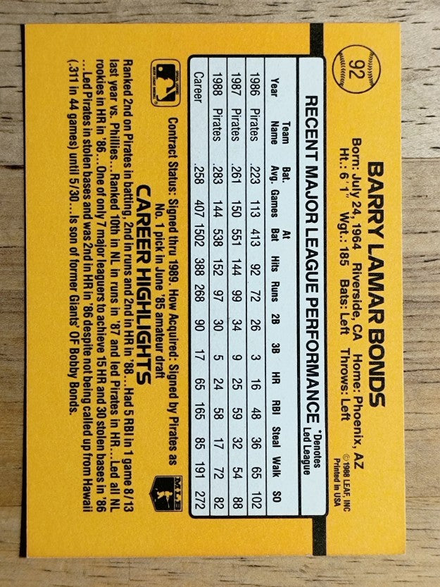 1989 Donruss #92 Barry Bonds