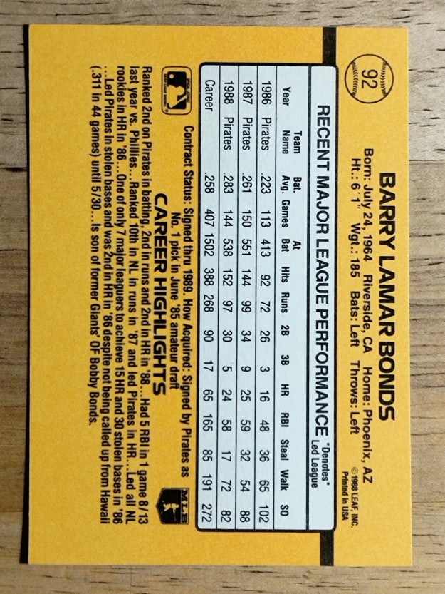 1989 Donruss #92 Barry Bonds