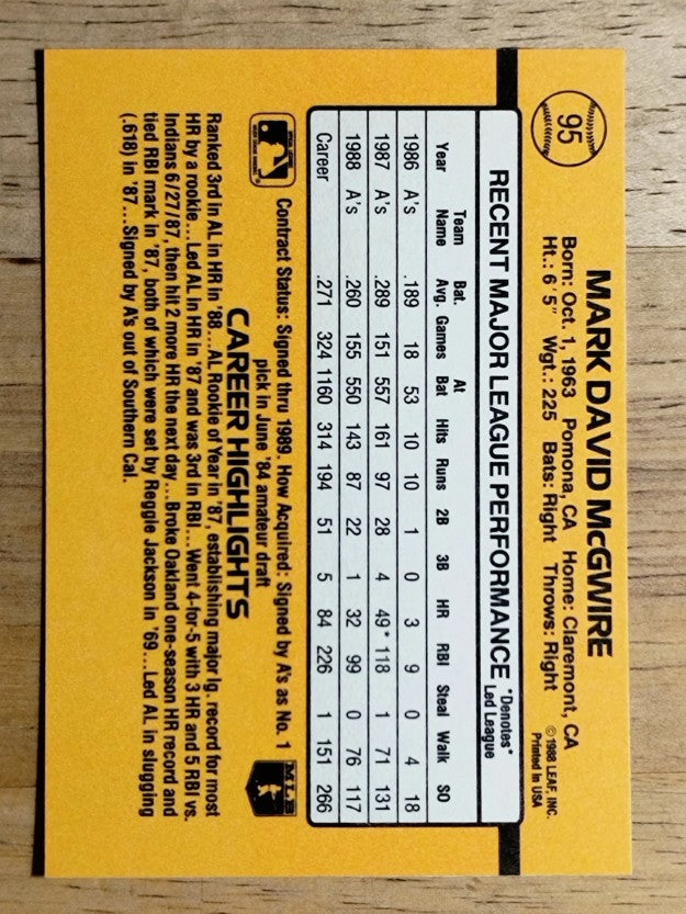 1989 Donruss #95 Mark McGwire