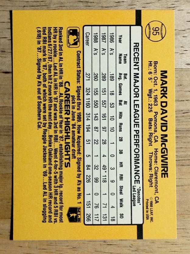 1989 Donruss #95 Mark McGwire