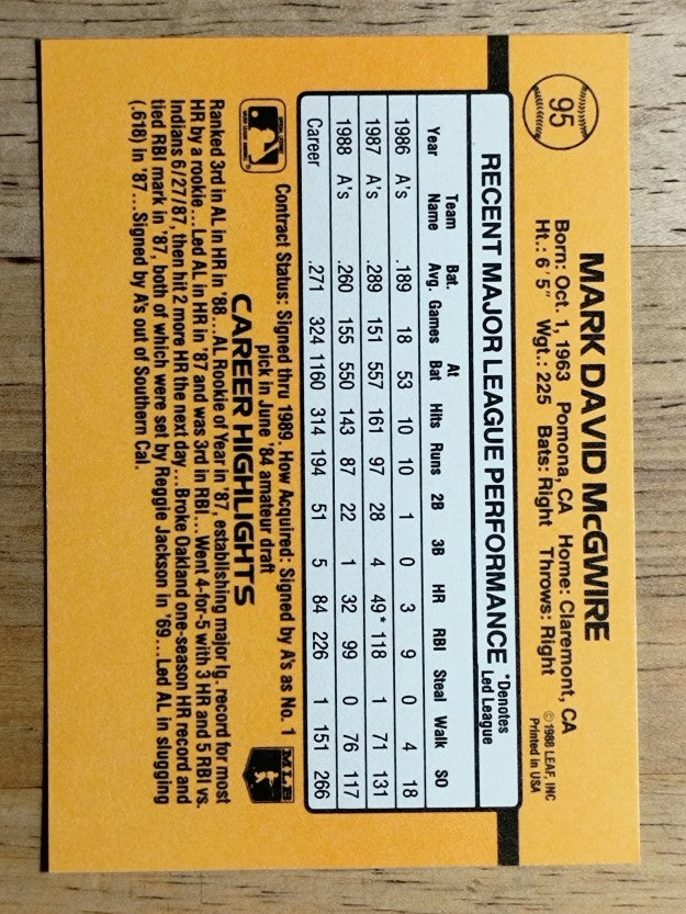1989 Donruss #95 Mark McGwire