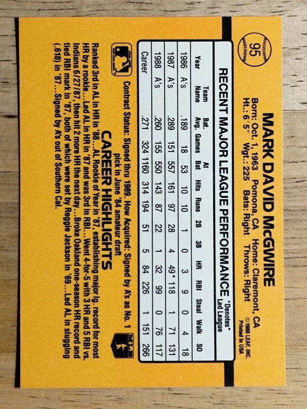 1989 Donruss #95 Mark McGwire