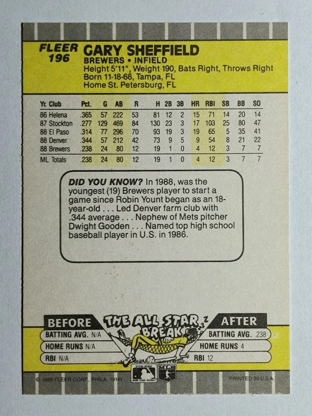 1989 Fleer #196 Gary Sheffield RC