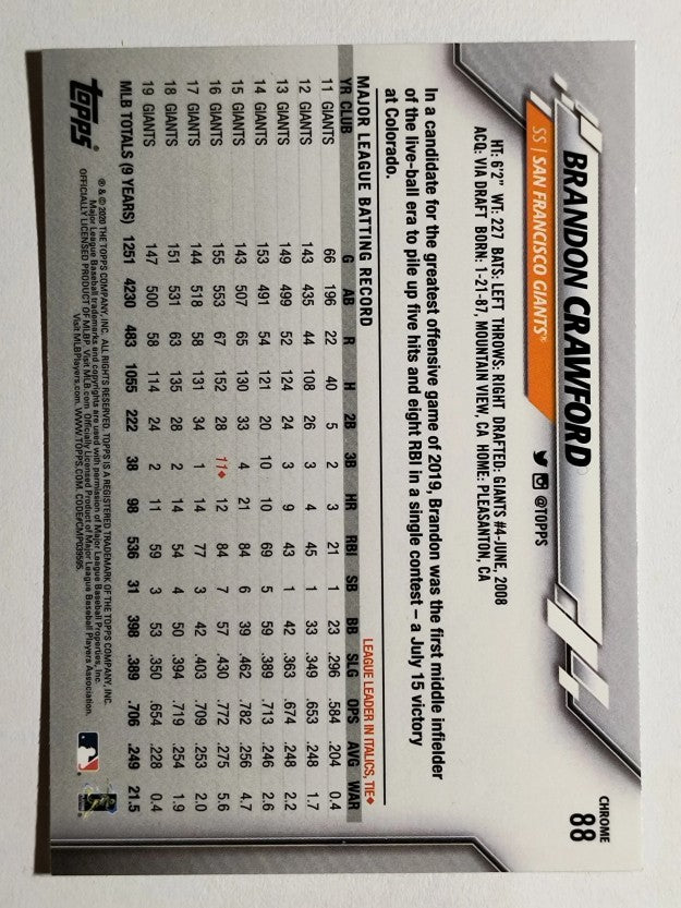 2020 Topps Chrome #88 Brandon Crawford