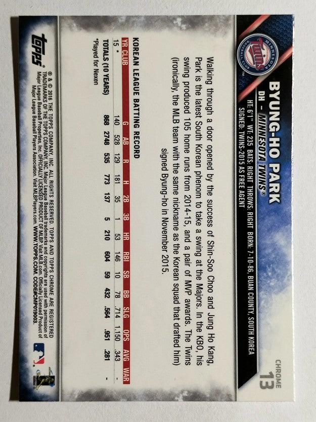 2016 Topps Chrome #13 Byung-Ho Park RC