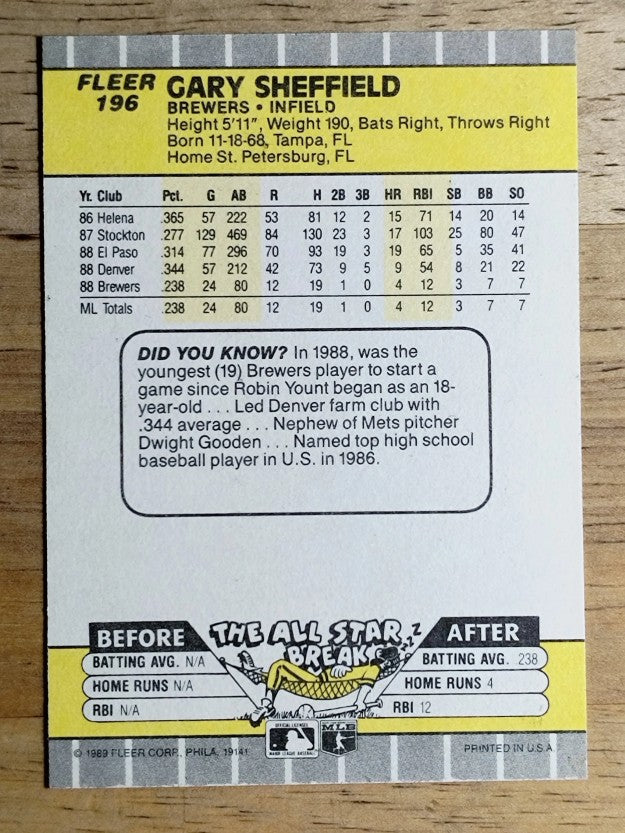 1989 Fleer #196 Gary Sheffield RC