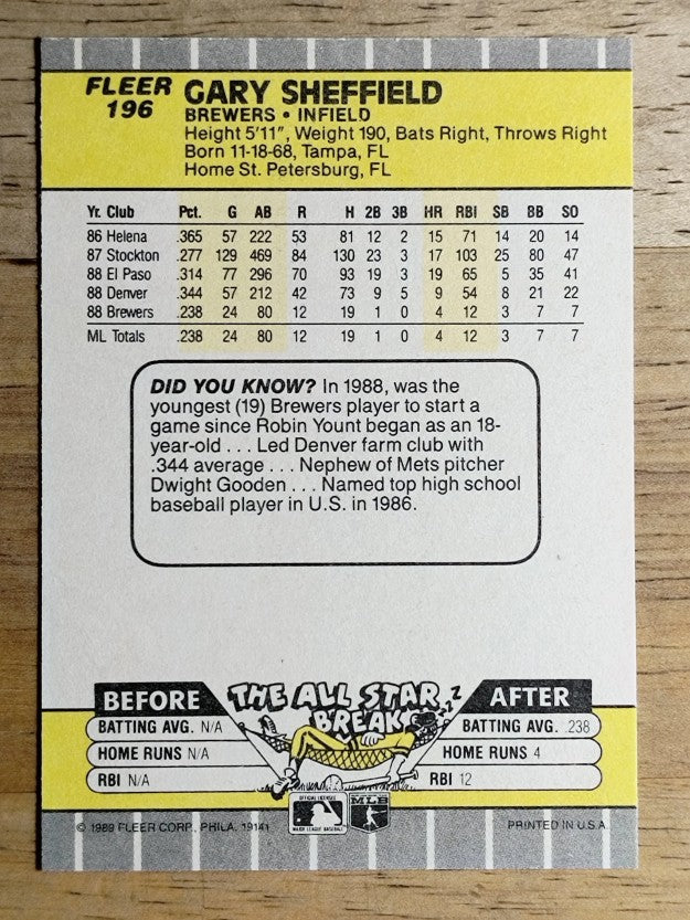 1989 Fleer #196 Gary Sheffield RC