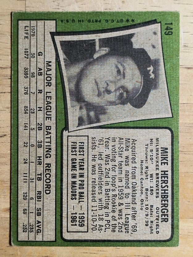 1971 Topps #149 Mike Hershberger (VGEX)