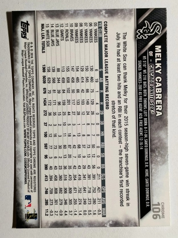 2016 Topps Chrome #106 Melky Cabrera