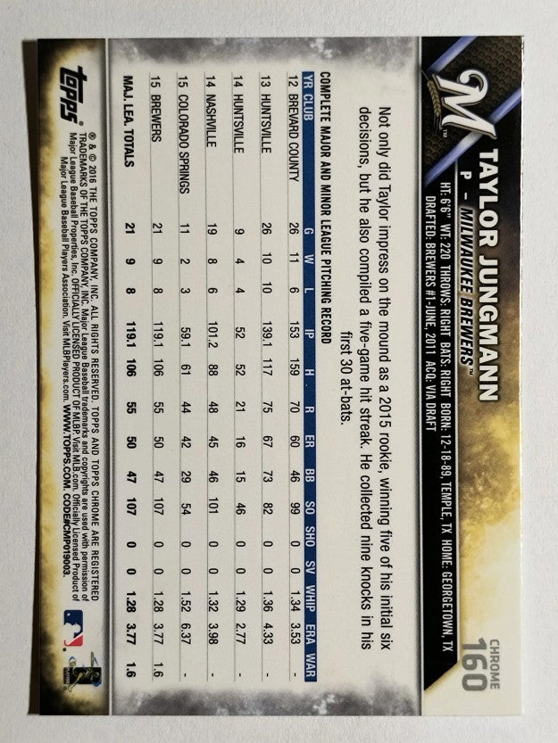 2016 Topps Chrome #160 Taylor Jungmann