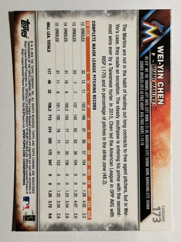 2016 Topps Chrome #173 Wei-Yin Chen