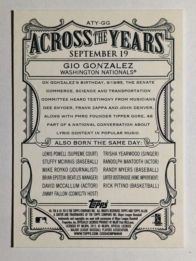 2013 Topps Allen and Ginter Across the Years #GG Gio Gonzalez