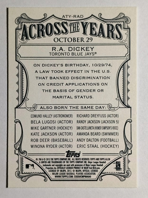 2013 Topps Allen and Ginter Across the Years #RAD R.A. Dickey