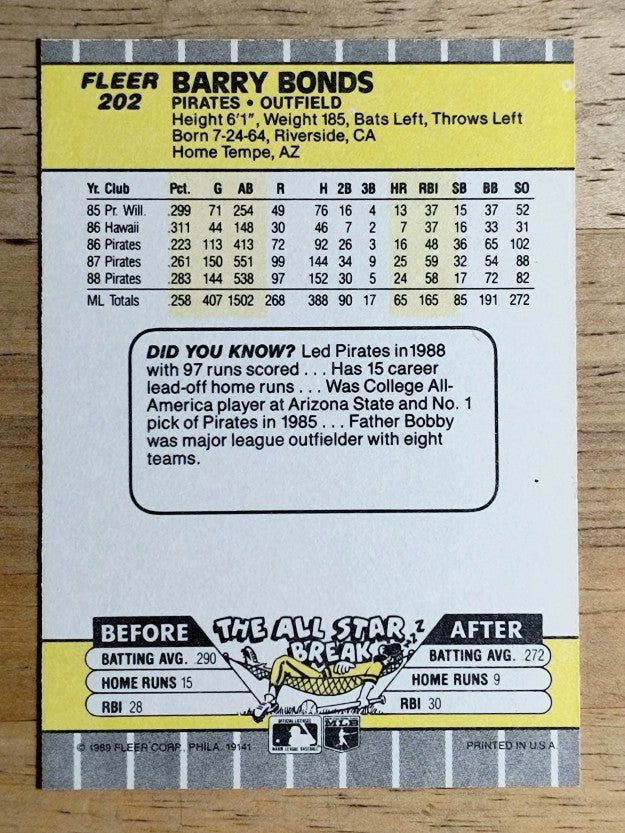 1989 Fleer #202 Barry Bonds