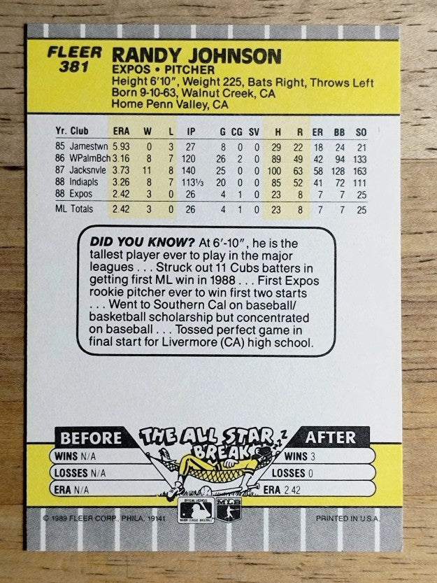 1989 Fleer #381 Randy Johnson RC