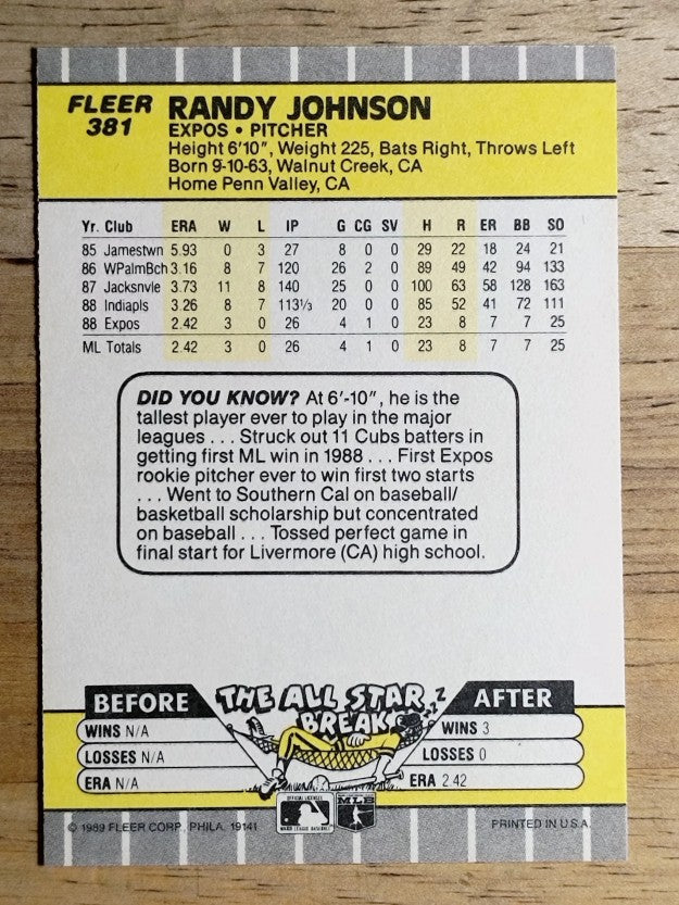 1989 Fleer #381 Randy Johnson RC