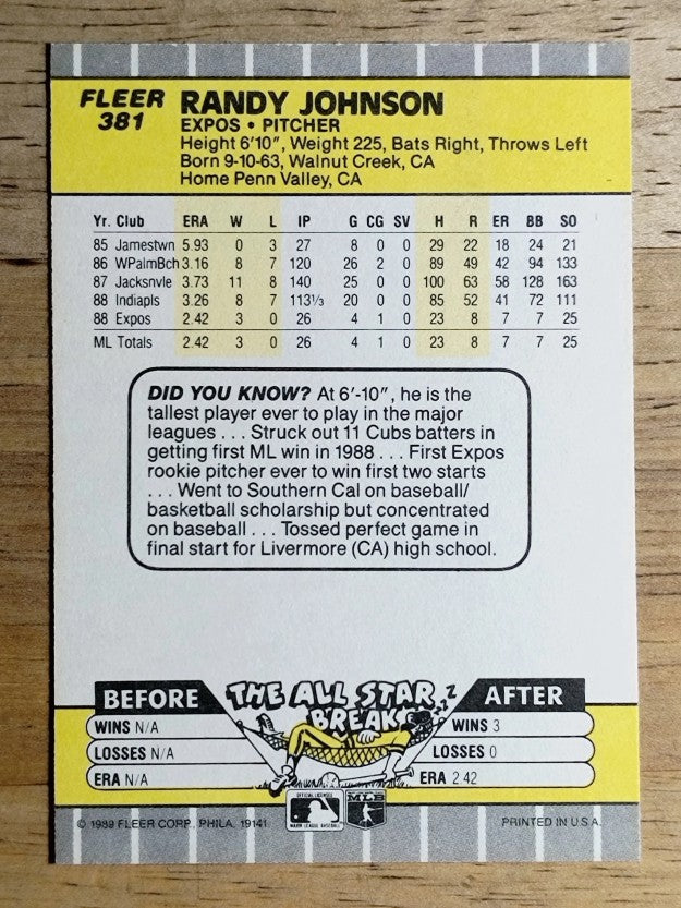 1989 Fleer #381 Randy Johnson RC