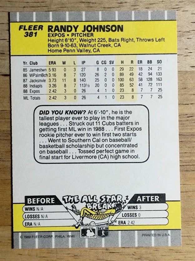 1989 Fleer #381 Randy Johnson RC