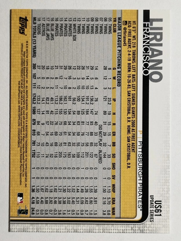 2019 Topps Update #US61 Francisco Liriano