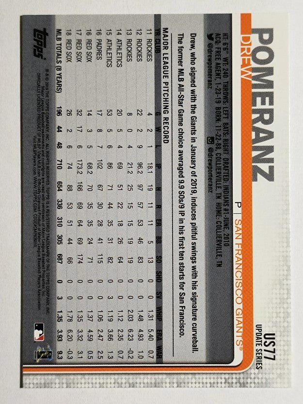 2019 Topps Update #US77 Drew Pomeranz