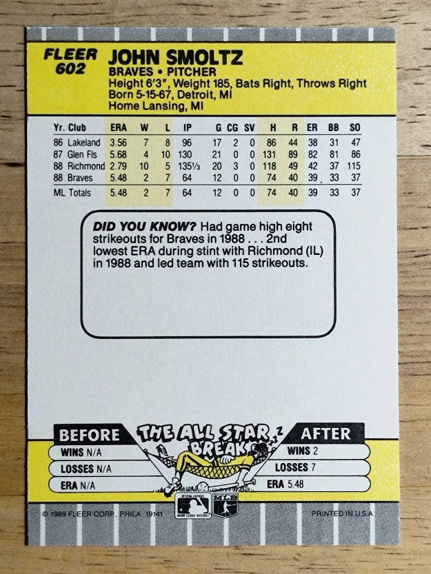 1989 Fleer #602 John Smoltz RC