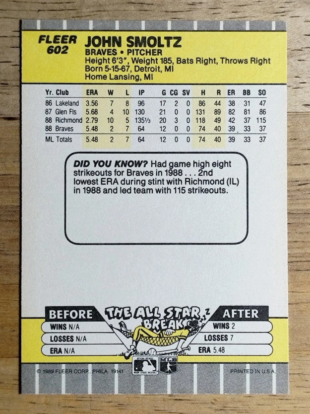 1989 Fleer #602 John Smoltz RC