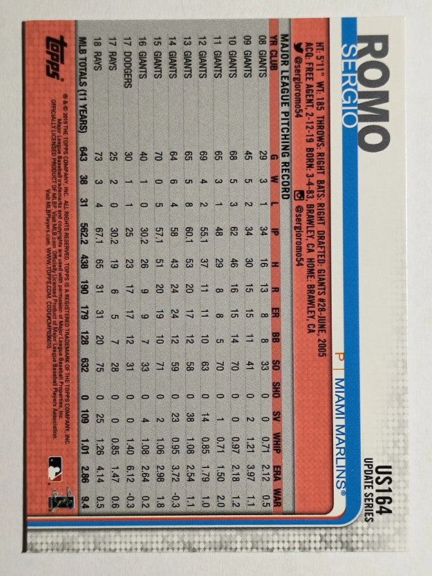 2019 Topps Update #US164 Sergio Romo