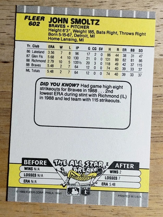1989 Fleer #602 John Smoltz RC