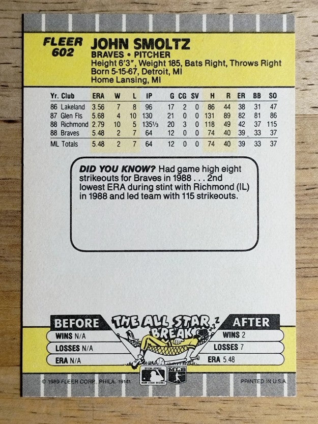 1989 Fleer #602 John Smoltz RC