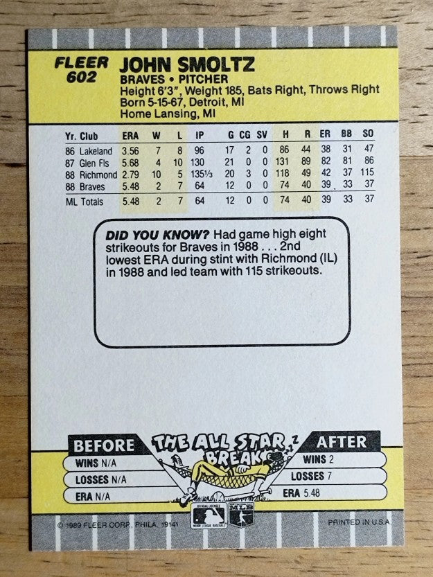 1989 Fleer #602 John Smoltz RC