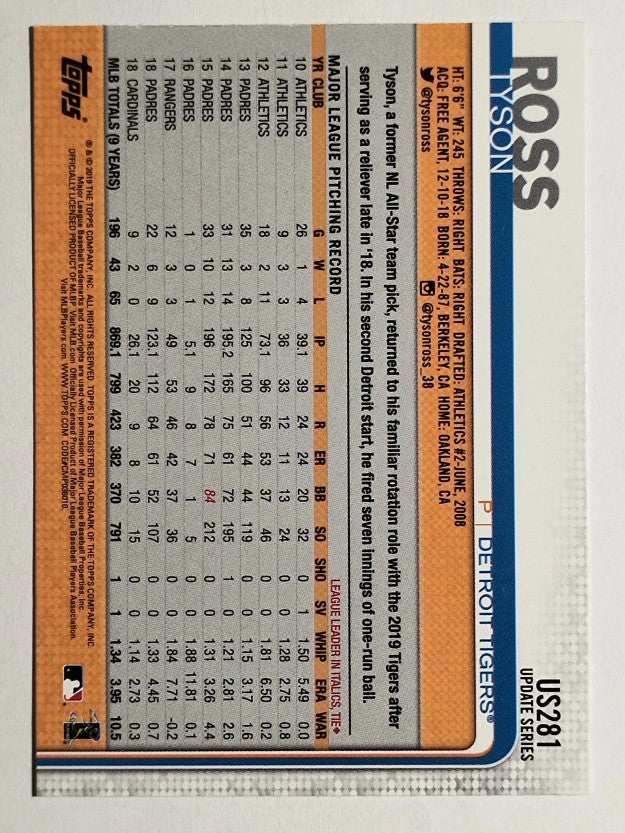 2019 Topps Update #US281 Tyson Ross