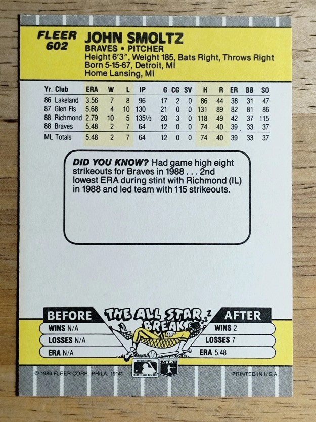 1989 Fleer #602 John Smoltz RC