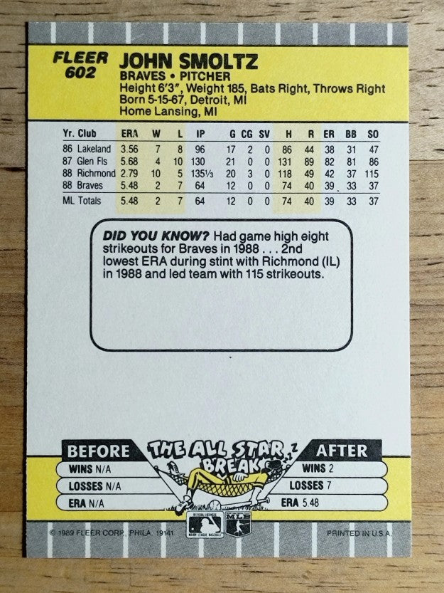 1989 Fleer #602 John Smoltz RC