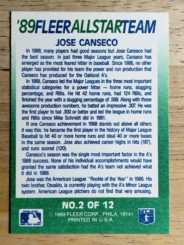1989 Fleer All-Stars #2 Jose Canseco