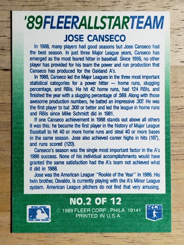 1989 Fleer All-Stars #2 Jose Canseco